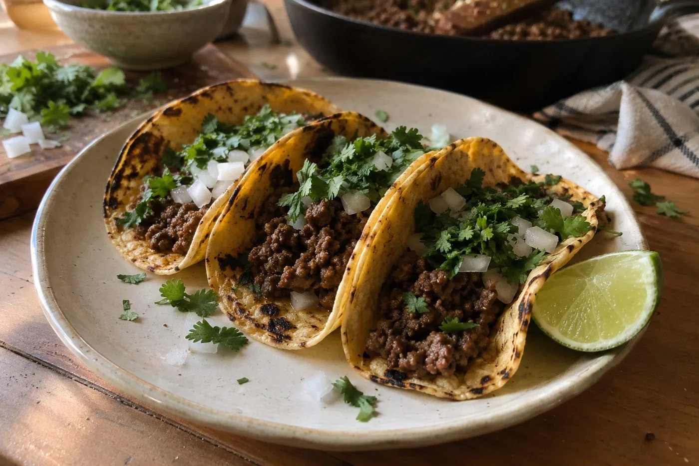 Three beef tacos on a plate with charred tortillas, raw onion, cilantro and a lime wedge
